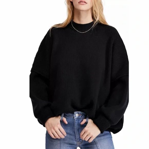 Free People Easy Street Oversized Knit Tunic Sweater Black M Cotton Blend NWT - Picture 2 of 9